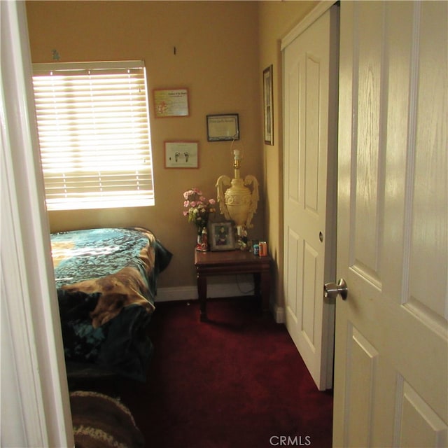 bedroom with dark carpet