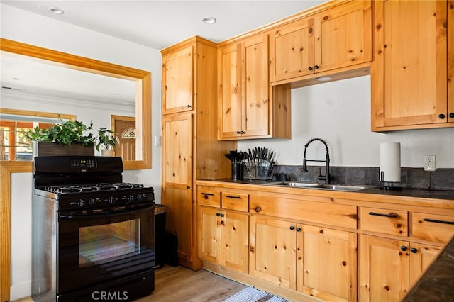 kitchen with black range with gas cooktop, sink, and light hardwood / wood-style flooring