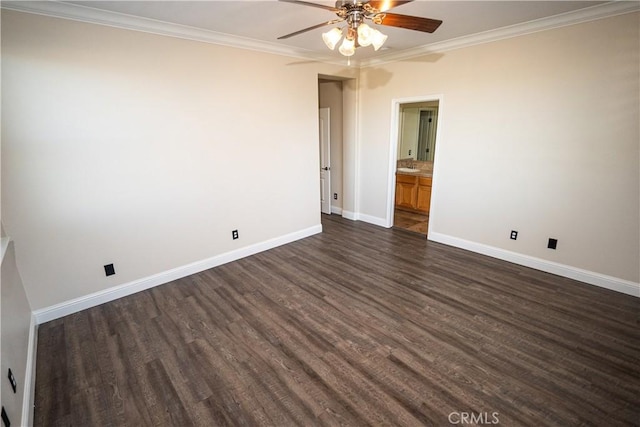 empty room featuring ornamental molding, ceiling fan, and dark wood-type flooring