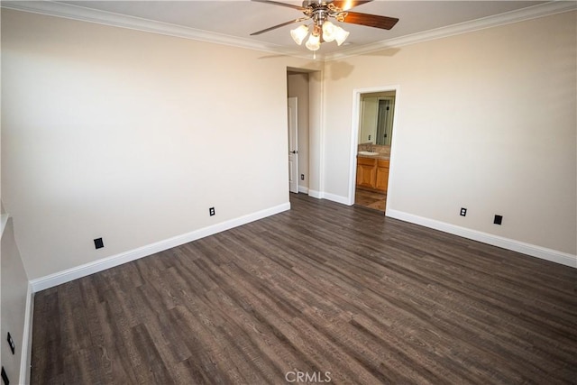 110 Montage Dr, Merced, CA 95348 - empty room featuring baseboards, a ceiling fan, dark wood-style floors, and ornamental molding