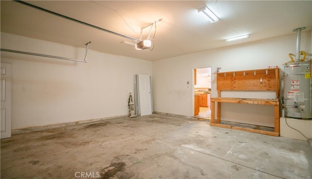 garage with a garage door opener and water heater