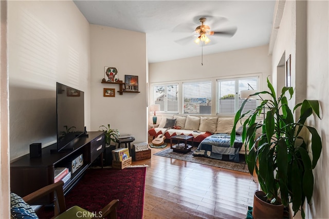 living room with ceiling fan and hardwood / wood-style floors