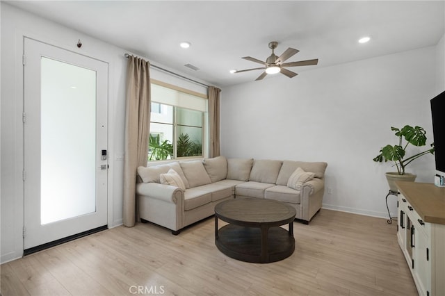 3570 E Peckham Paseo Unit 3, Ontario, CA 91761 - living area featuring ceiling fan, recessed lighting, baseboards, light wood-type flooring, and visible vents