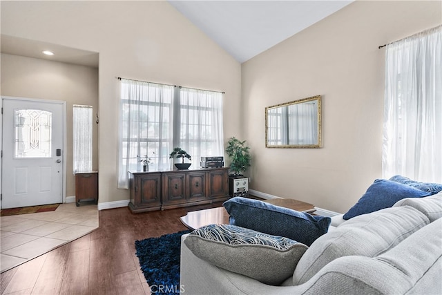 living room featuring dark wood-type flooring and high vaulted ceiling