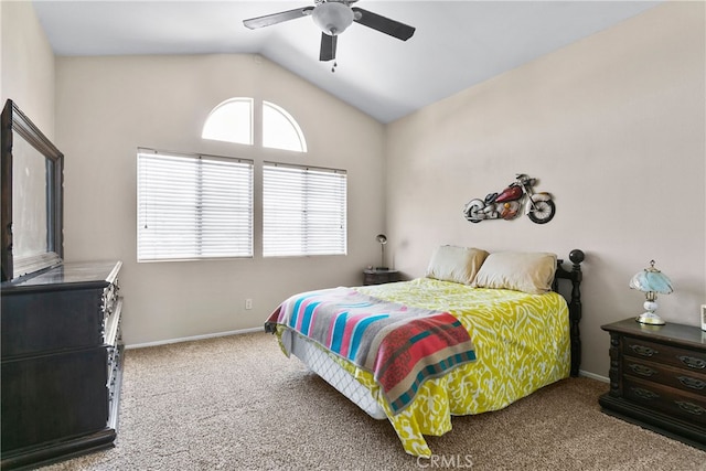 bedroom featuring ceiling fan, lofted ceiling, and carpet floors