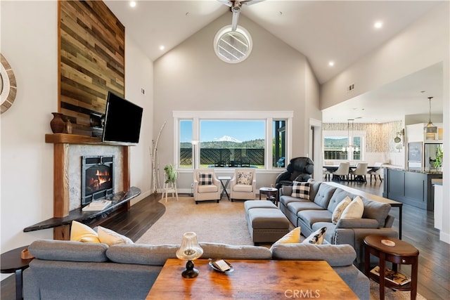 living room with a premium fireplace, hardwood / wood-style floors, and high vaulted ceiling