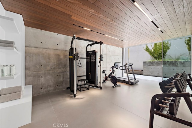 interior space with concrete flooring and wood ceiling