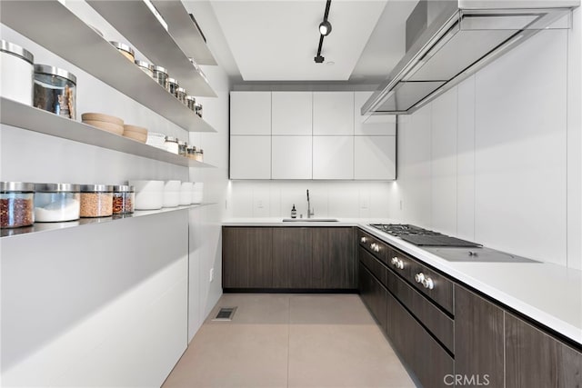 kitchen with light tile patterned flooring, sink, white cabinets, rail lighting, and dark brown cabinetry