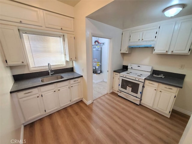 kitchen featuring white cabinetry, white stove, light hardwood / wood-style flooring, water heater, and sink