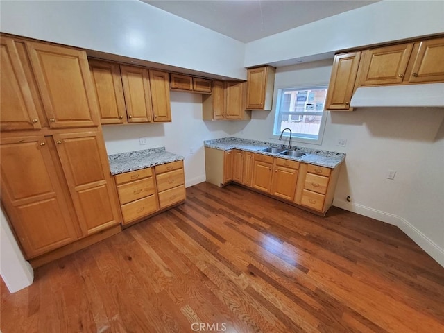 kitchen featuring sink, light stone counters, and dark hardwood / wood-style flooring