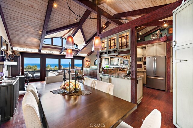 dining area featuring beamed ceiling, dark wood-type flooring, high vaulted ceiling, wooden ceiling, and a water view