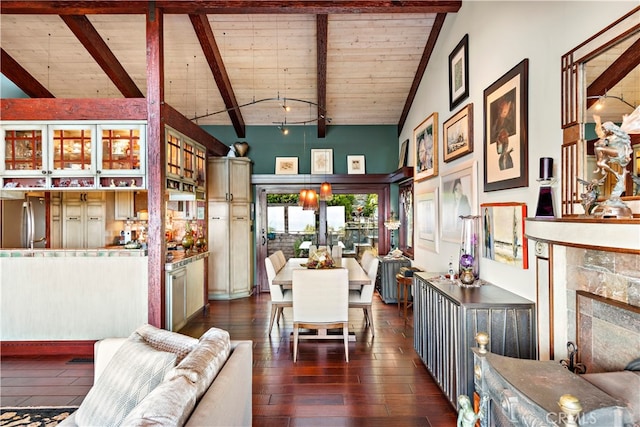 living room featuring high vaulted ceiling, wood ceiling, beamed ceiling, and dark hardwood / wood-style floors