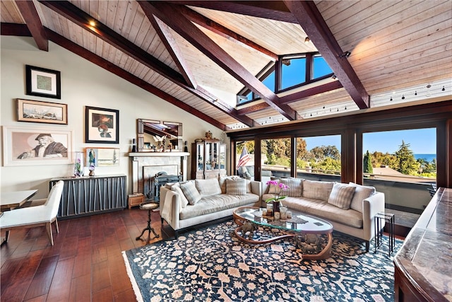 living room with high vaulted ceiling, beamed ceiling, wooden ceiling, and dark hardwood / wood-style flooring