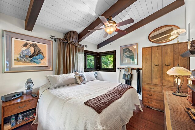 bedroom featuring ceiling fan, vaulted ceiling with beams, wood ceiling, and dark hardwood / wood-style floors