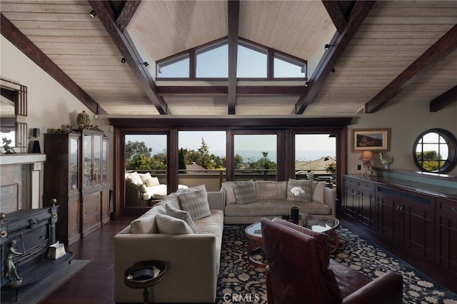 living room with wood ceiling, vaulted ceiling with beams, and dark hardwood / wood-style floors