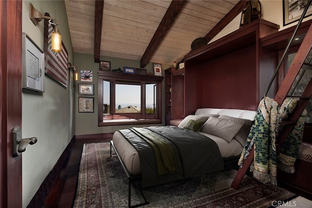 bedroom featuring vaulted ceiling with beams and dark hardwood / wood-style floors