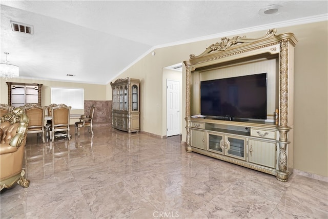 living room featuring lofted ceiling, crown molding, and a textured ceiling