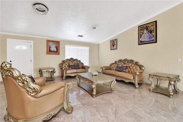 living room featuring ornamental molding