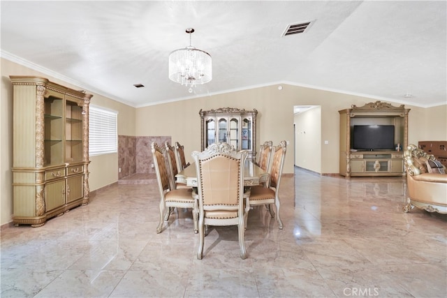 dining area featuring crown molding, vaulted ceiling, and a notable chandelier