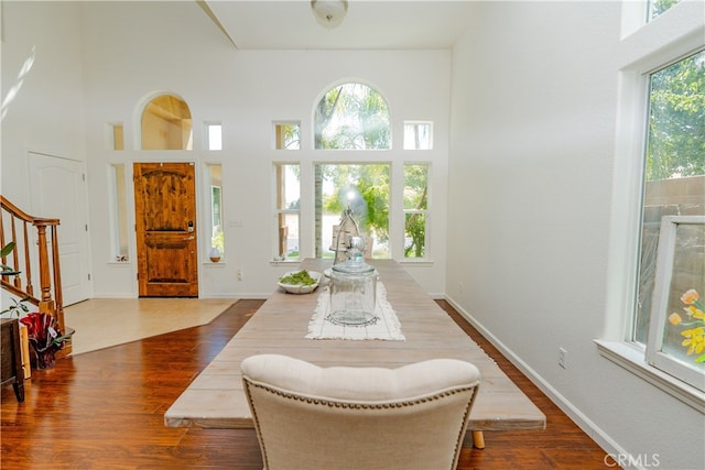 foyer entrance with hardwood / wood-style floors and a towering ceiling