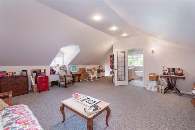 game room featuring carpet and lofted ceiling