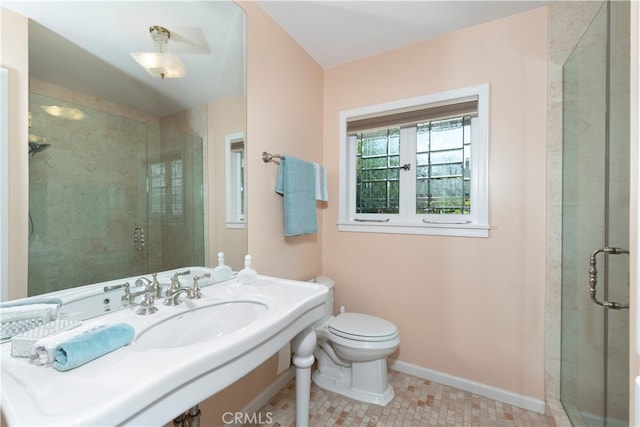 bathroom featuring tile patterned flooring, toilet, an enclosed shower, and sink