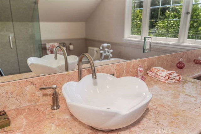 bathroom featuring lofted ceiling and sink