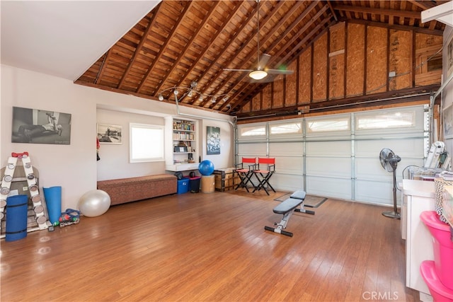 garage with ceiling fan and wooden ceiling