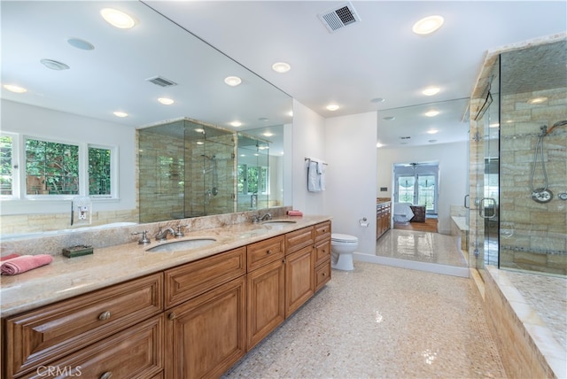 bathroom featuring plenty of natural light, vanity, a shower with shower door, and toilet