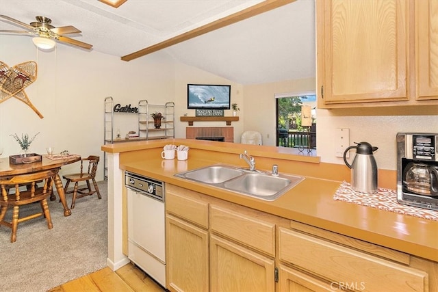 711 Cienega Rd Unit B, Big Bear Lake, CA 92315 - kitchen with dishwasher, sink, ceiling fan, light wood-type flooring, and light brown cabinetry