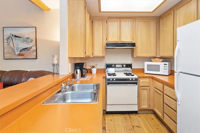 711 Cienega Rd Unit B, Big Bear Lake, CA 92315 - kitchen with light brown cabinets, white appliances, light hardwood / wood-style flooring, and sink