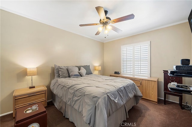 carpeted bedroom with crown molding and ceiling fan