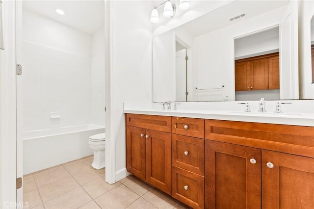 bathroom with toilet, a sink, tile patterned flooring, visible vents, and double vanity