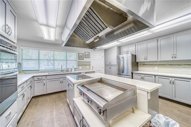 kitchen with appliances with stainless steel finishes, light countertops, a sink, and light wood-style flooring