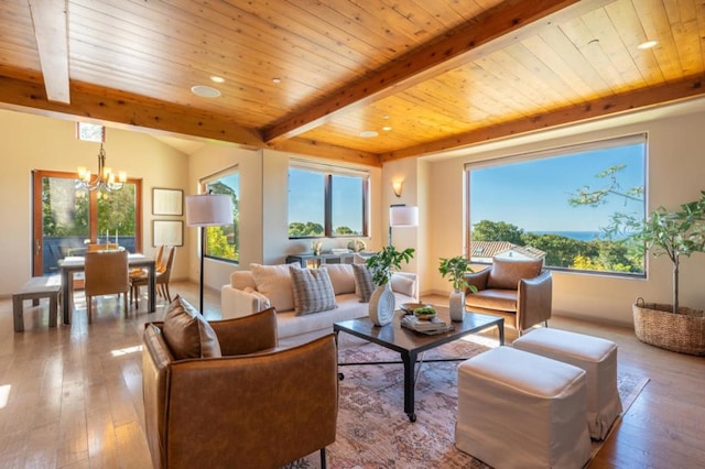 living room with beam ceiling, light wood-type flooring, wood ceiling, and a chandelier