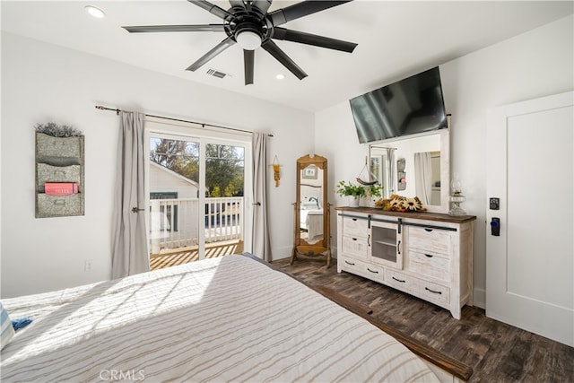 bedroom with ceiling fan, access to outside, and dark hardwood / wood-style flooring