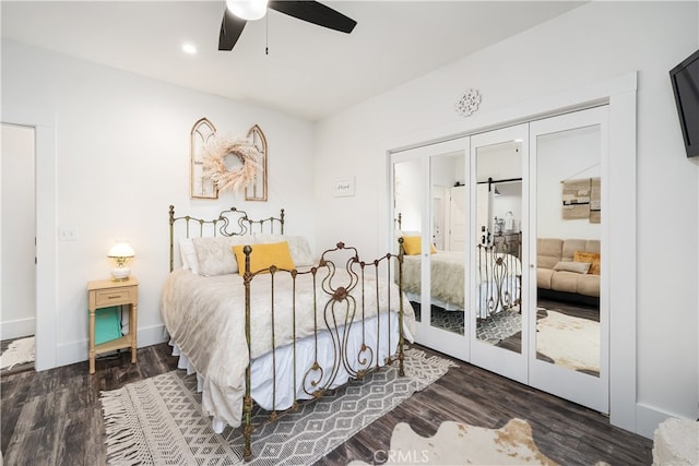 bedroom featuring french doors, ceiling fan, access to outside, and dark hardwood / wood-style floors