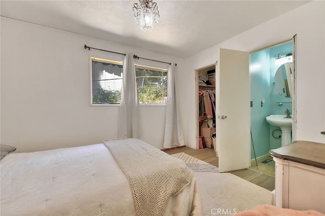 bedroom featuring a closet, ensuite bath, light hardwood / wood-style floors, and a walk in closet