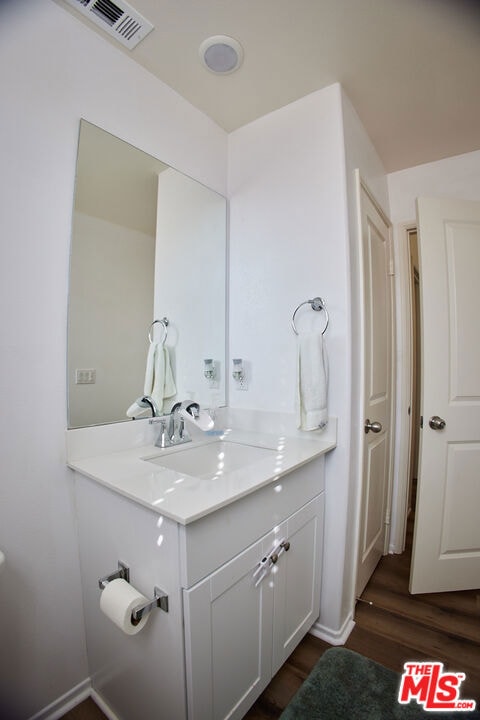 bathroom with vanity and wood-type flooring