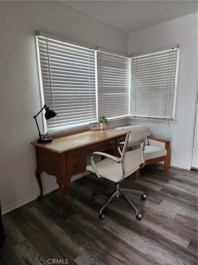 office with dark hardwood / wood-style flooring