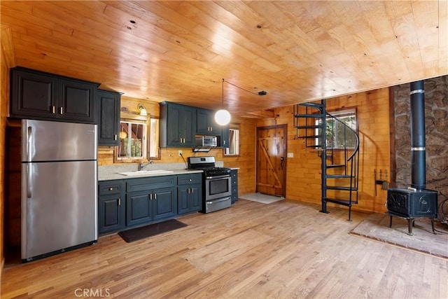 kitchen featuring wood ceiling, wood walls, a wood stove, and stainless steel appliances