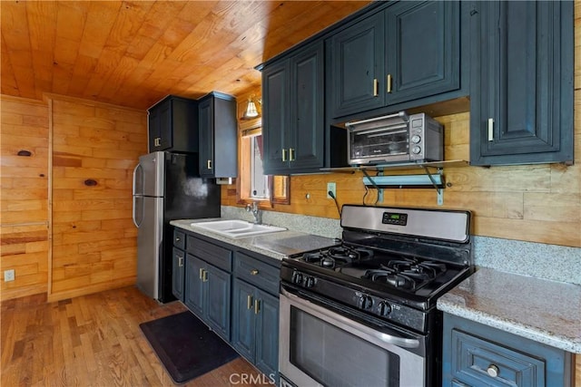 kitchen with sink, wooden walls, appliances with stainless steel finishes, wood ceiling, and blue cabinetry