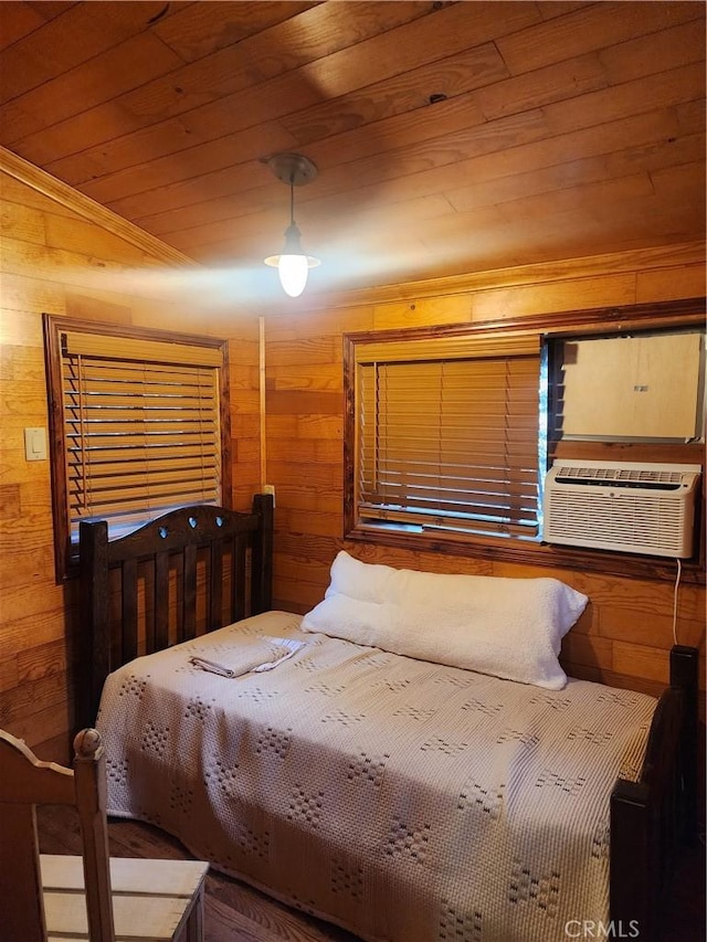 bedroom featuring wooden ceiling, cooling unit, and wooden walls