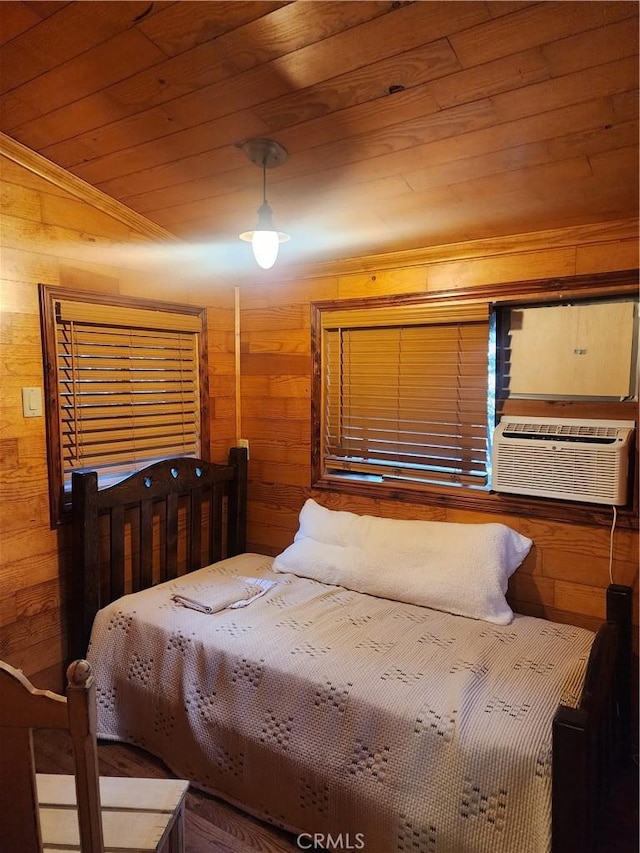 bedroom featuring cooling unit, vaulted ceiling, wood ceiling, and wooden walls