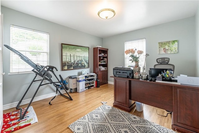 office area with a wealth of natural light and light hardwood / wood-style floors