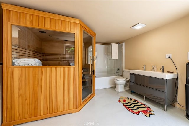 full bathroom featuring toilet, shower / tub combination, and vanity