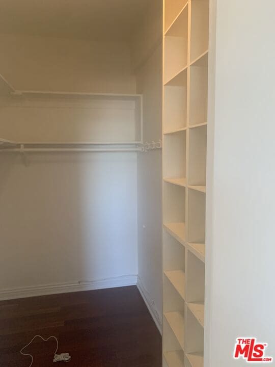 walk in closet with dark hardwood / wood-style flooring