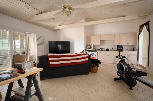 tiled living room featuring sink, vaulted ceiling with beams, ceiling fan, wooden ceiling, and track lighting