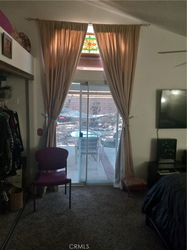 bedroom featuring access to exterior, vaulted ceiling, and carpet flooring