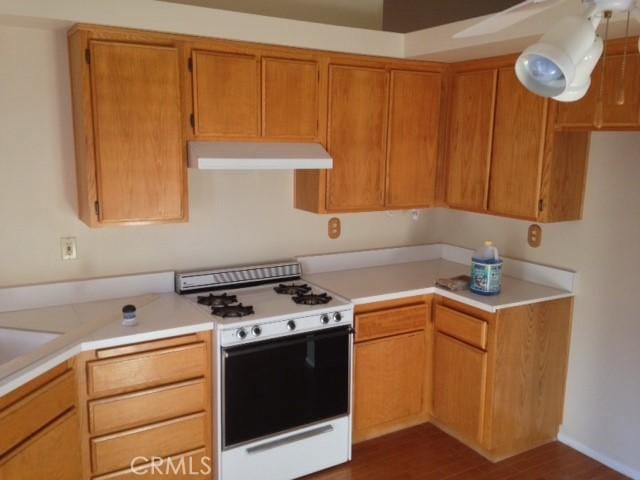 kitchen featuring dark wood-type flooring and white gas stove